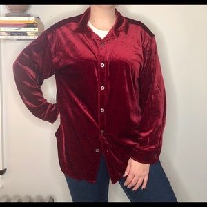 Red, paisley velour button down top, LG/XL